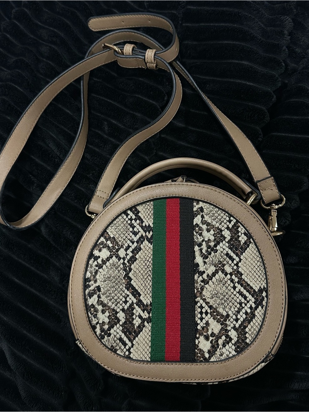 Designer-Inspired Taupe Crossbody Bag with Snake Print and Stripe Detail